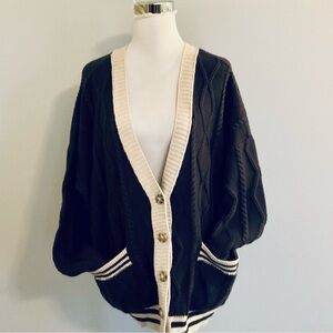 Contrast Trim Black and Cream Cable Knit Cardigan